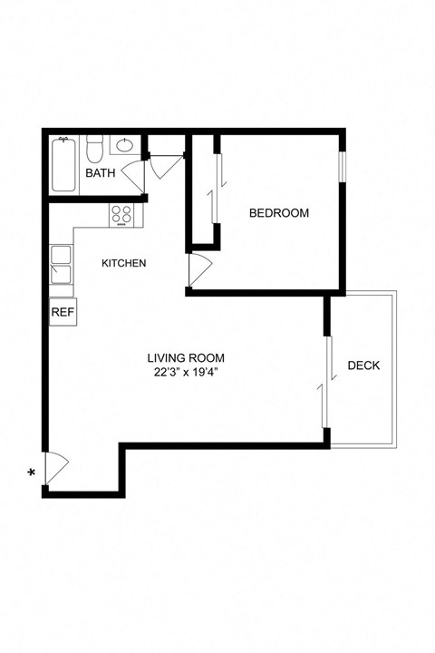 Floor plan for 1 bed, 1 bath, 655 sqft